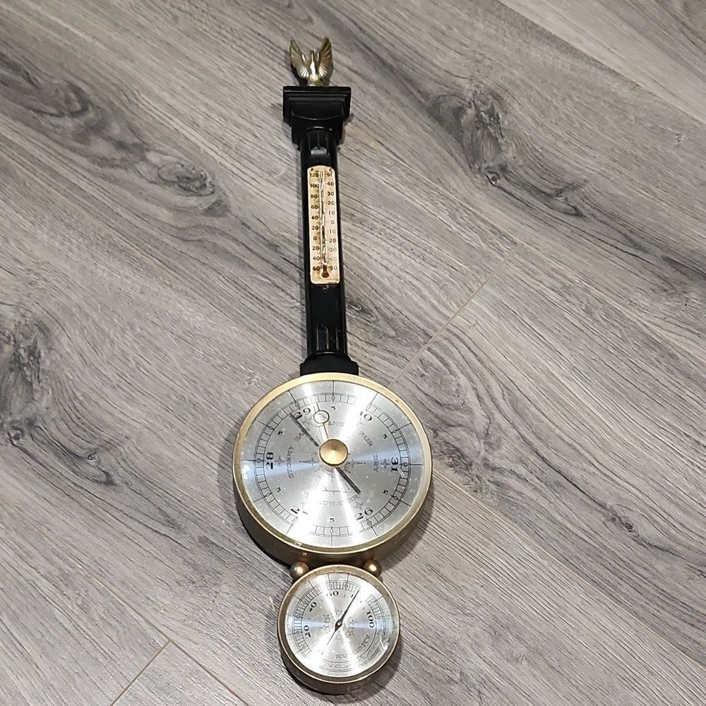 Vintage Brass & Wooden Weather Airguide Barometer